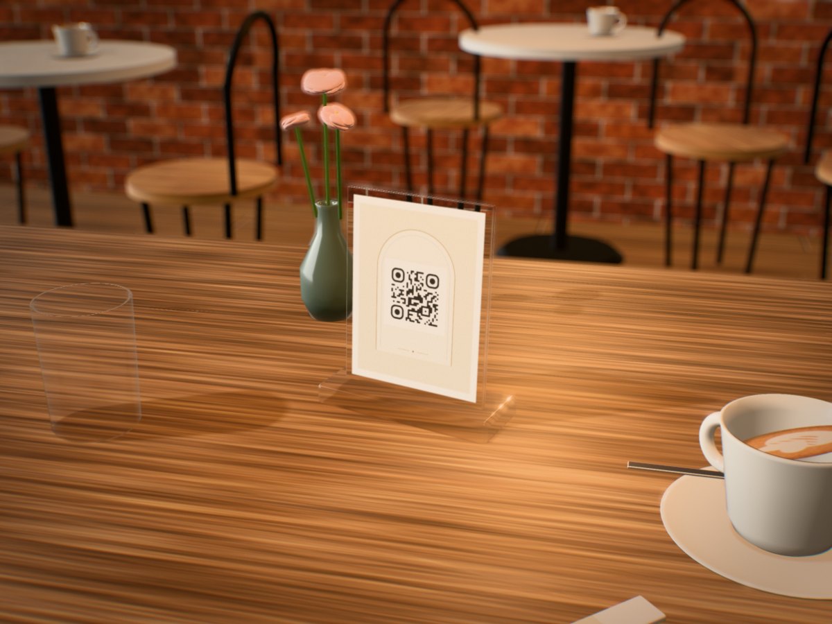 QR-код меню на табличке-домике на столе кафе